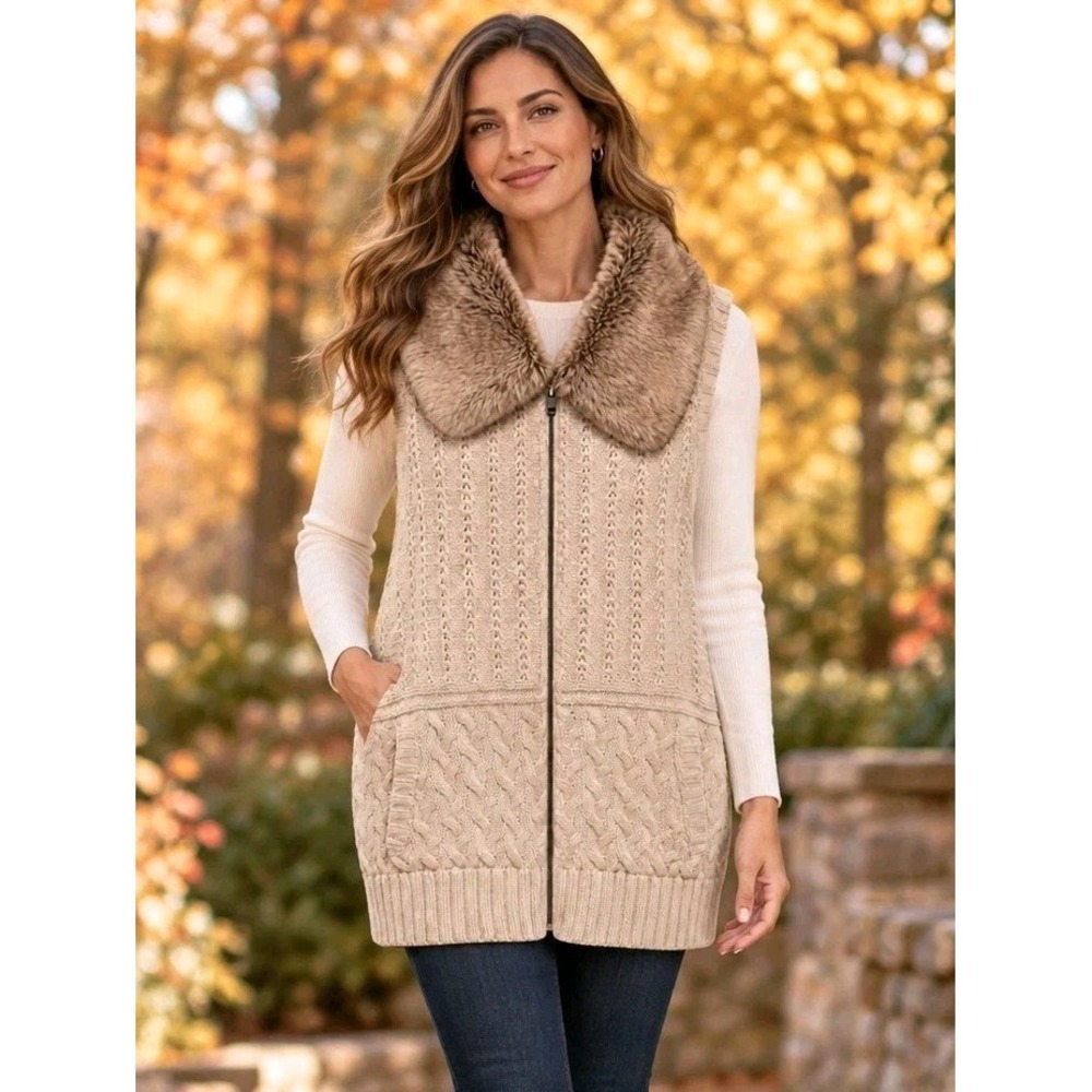 89th & Madison Cable Knit Faux Fur Collar Vest Zip Front Womens Large Cozy Fall